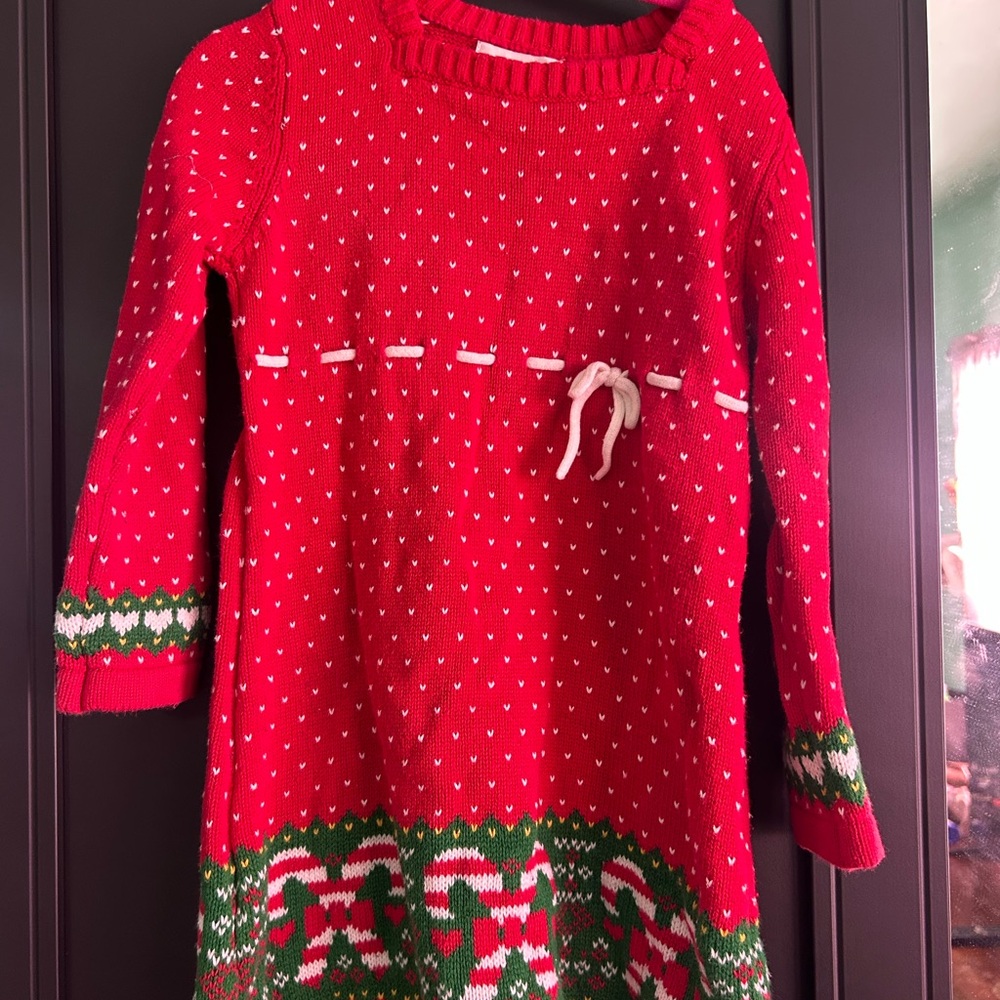Red Knit Holiday Dress with Green and White Accents size 3t
